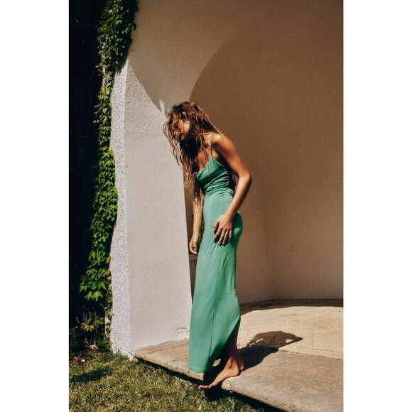 ZARA Green Jersey Ruched Square Neck Open Back Tie Maxi Dress, Size S - Picture 13 of 15